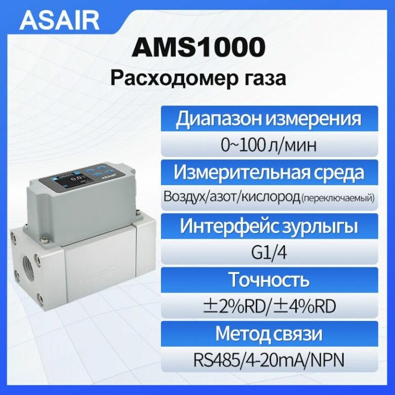 Расходомер теплового газа ASAIR AMS1000 100 л/мин может измерять воздух, азот, кислород, высокая точность, оснащен выходом RS485/4-20 мА/NPN, Резьба G1/4